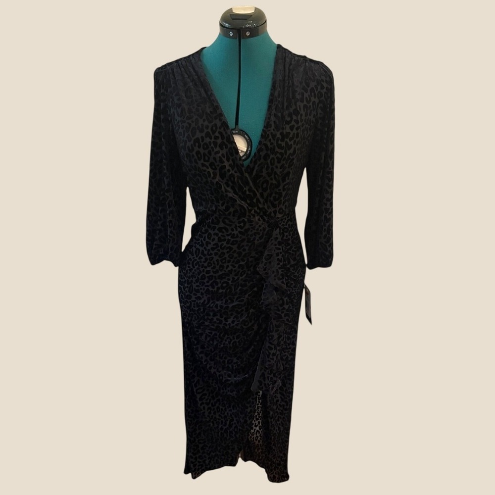 Maison Tara Women's Size 6 Black Velvet Leopard Print Wrap Midi Dress NWT